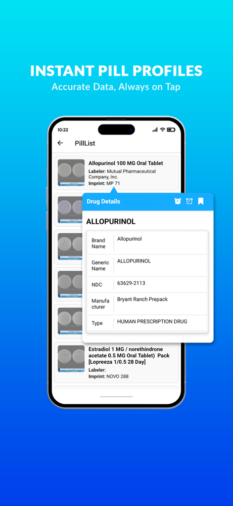 Una pantalla de smartphone que muestra la aplicación Pill Identifier and Drug List con un perfil detallado del medicamento Allopurinol.