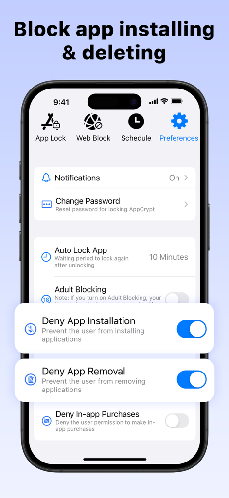 AppCrypt interface showing settings to prevent app installation and removal on an iPhone