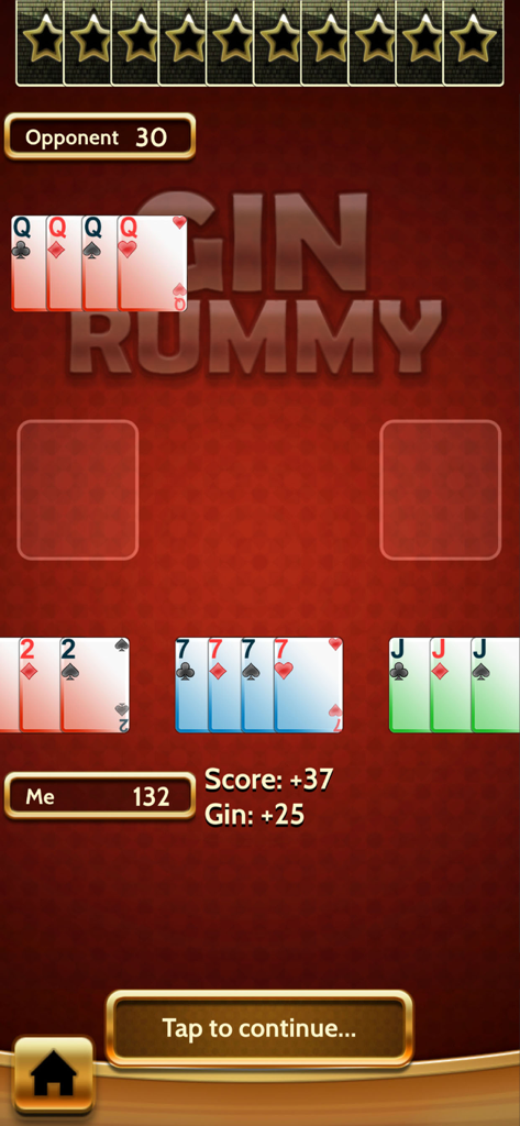 Gin Rummy Classic card offline - Una captura de pantalla de Gin Rummy Classic sin conexión mostrando el resultado de una partida con puntuaciones y conjuntos de cartas