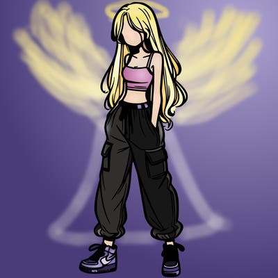 girl in baggy pants crop top and long hair