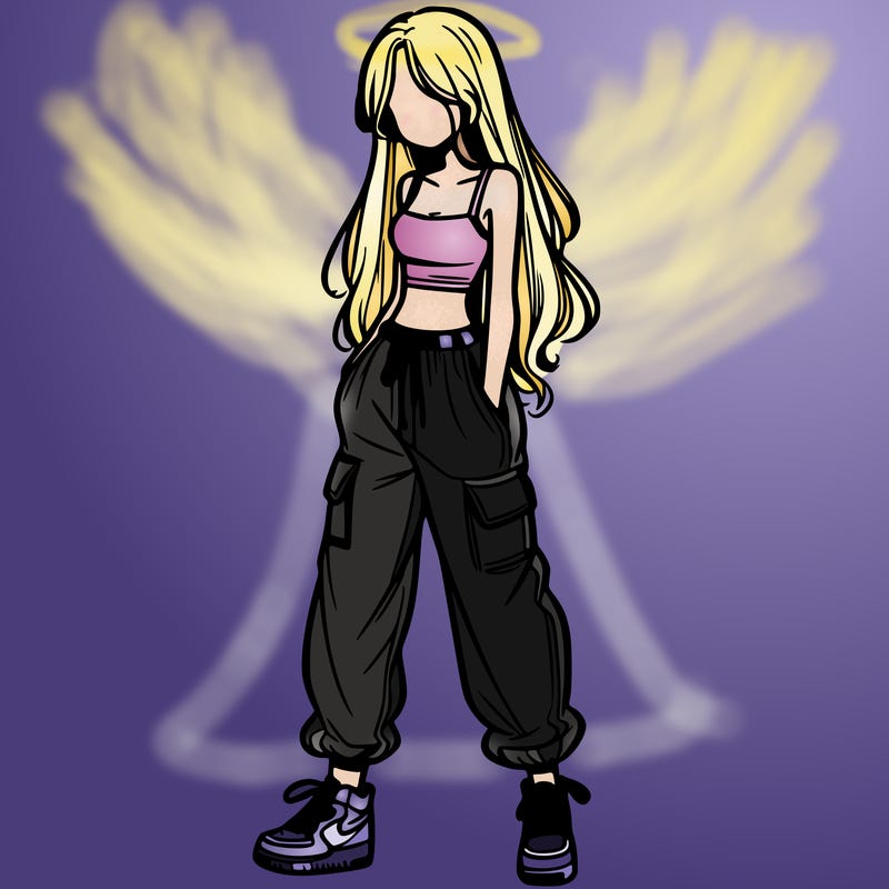 girl in baggy pants crop top and long hair