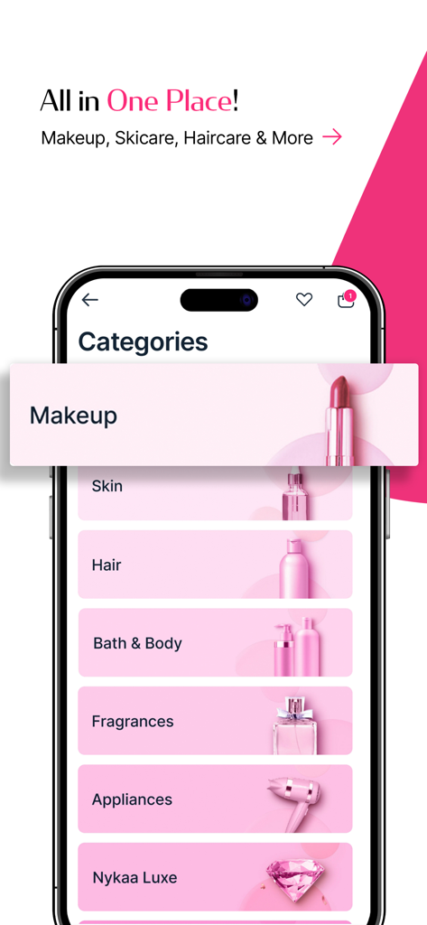 Nykaa – Makeup/Beauty Shopping - Nykaa mobile app screen showing beauty shopping categories including makeup skin hair and fragrances