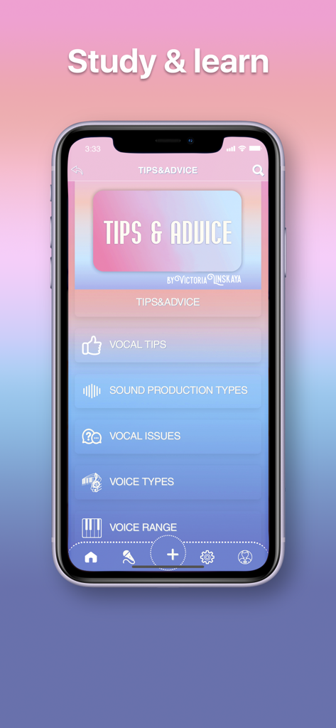 VocalEx-Vocal Exercises - A mobile app interface for VocalEx showing the Study and Learn section with a menu for vocal tips, sound production types, vocal issues, voice types, and voice range.