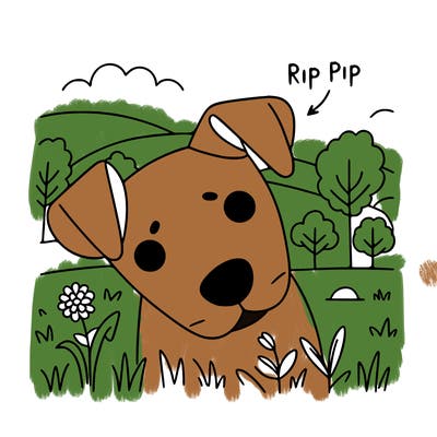 a dog tilting it’s head and text that say’s rip pip