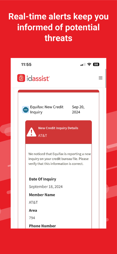 ID Assist Mobile app interface displaying a real-time notification for a new credit inquiry