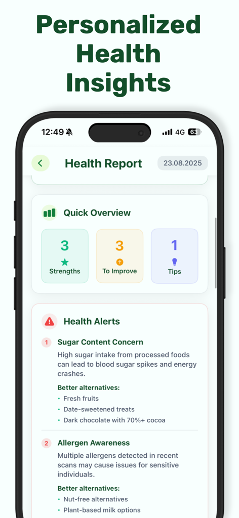 Food AI Scanner Product Scan - A mobile screen showing a personalized health report from FoodCheck app with nutritional scores, health alerts, and food alternatives