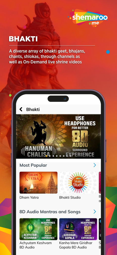 ShemarooMe app interface showing the Bhakti section with devotional songs and 8D audio mantras