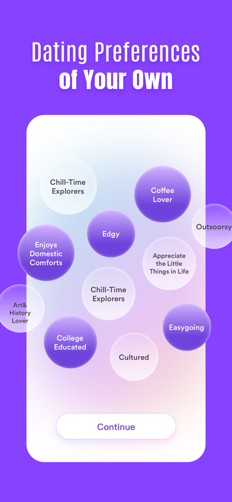 A mobile app screen titled Dating Preferences of Your Own featuring floating bubbles with lifestyle tags like Coffee Lover and Easygoing.