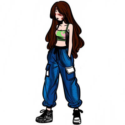 girl in baggy pants crop top and long hair