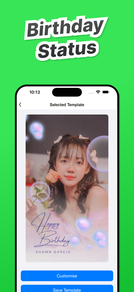 Save Status for WA +WASticker - Mobile app screen showing a customizable Happy Birthday video status template for WhatsApp