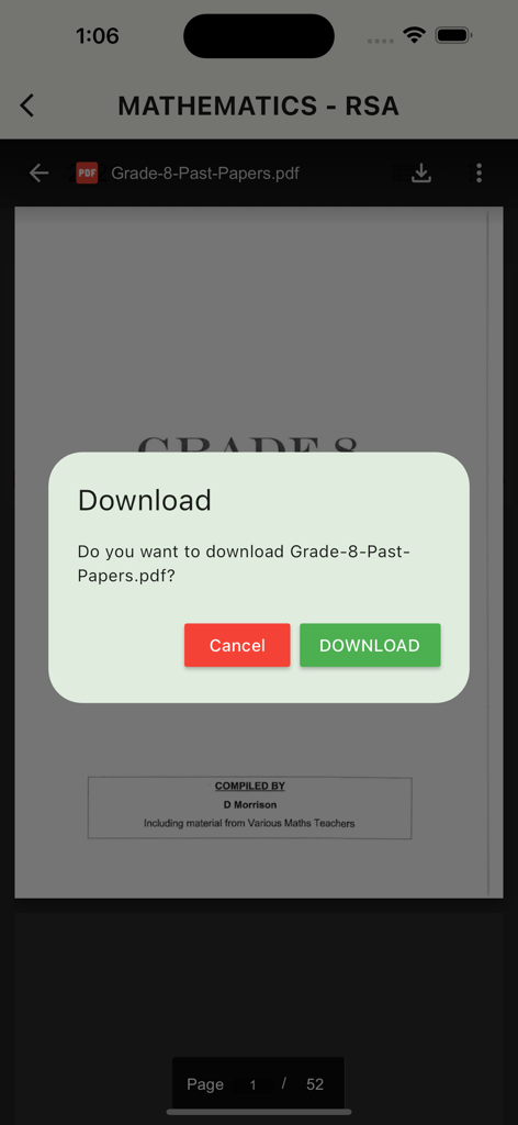 Grade 8 Exam Papers - A download confirmation popup for a Grade 8 Mathematics past exam paper PDF within the app.