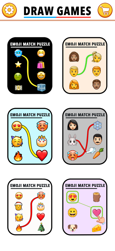 Gameplay screen of Single Line Draw showing multiple emoji match puzzle levels