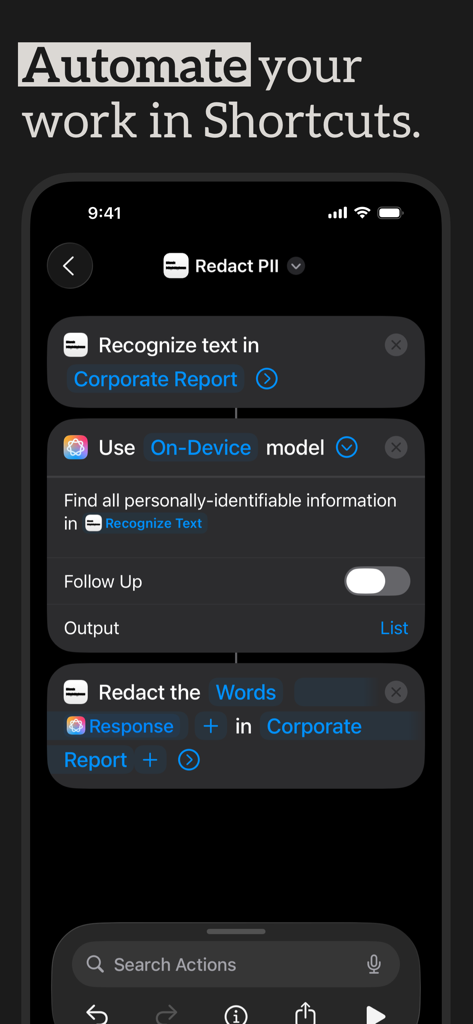 Black Highlighter: Redact Text - A screenshot of an Apple Shortcut workflow designed to automatically redact personally identifiable information from a corporate report.