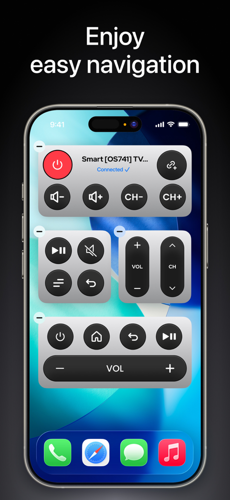 iPhone home screen displaying universal TV remote widgets for power, volume, and channel control