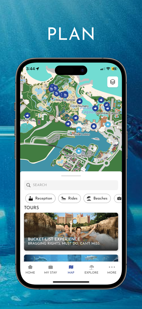 Atlantis Bahamas mobile App mit einer interaktiven Resortkarte und Tourenplanungsfunktionen