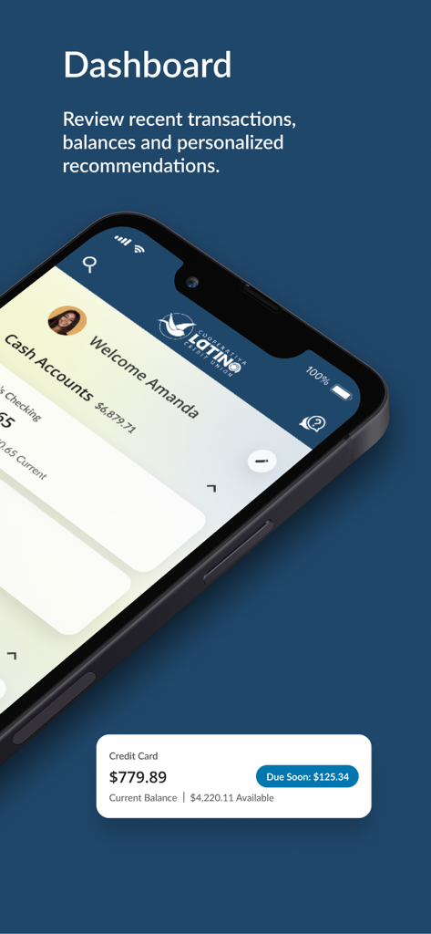 Latino Community Credit Union - Latino Community Credit Union mobile app dashboard showing cash account balances and credit card details.