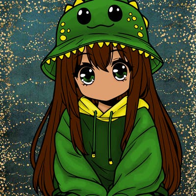 girl with anime shaped eyes with a dinosaur bucket hat oversized sweatshirt long straight hair