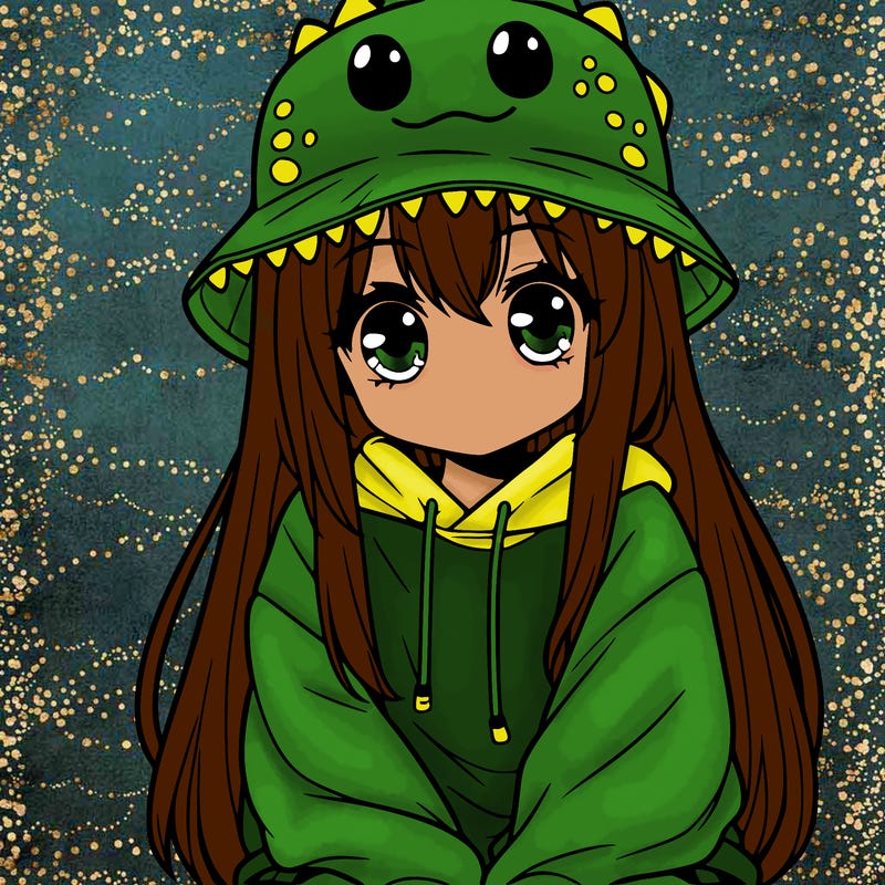 girl with anime shaped eyes with a dinosaur bucket hat oversized sweatshirt long straight hair