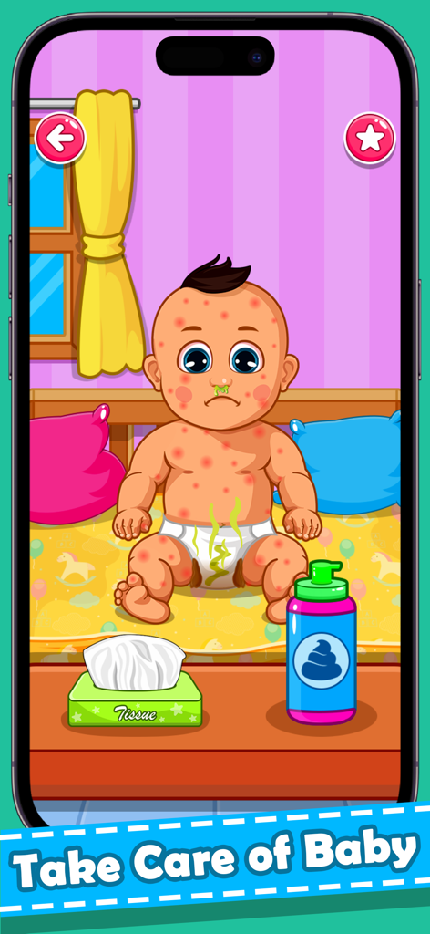 Baby Care Games. Kids Daycare - Cartoon baby needing care with a dirty diaper and runny nose in a nursery setting
