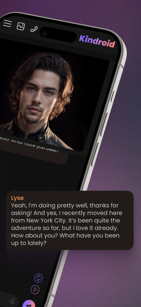 Kindroid: Your Personal AI - Chat interface of Kindroid app showing a conversation with a realistic AI companion named Lyse.