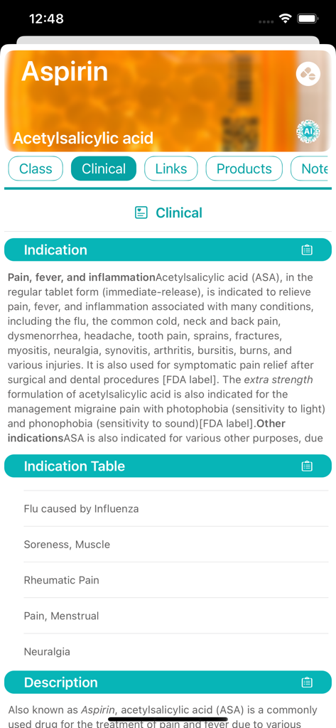 Pharmacodex - La aplicación Pharmacodex muestra las indicaciones clínicas y la descripción de la Aspirina