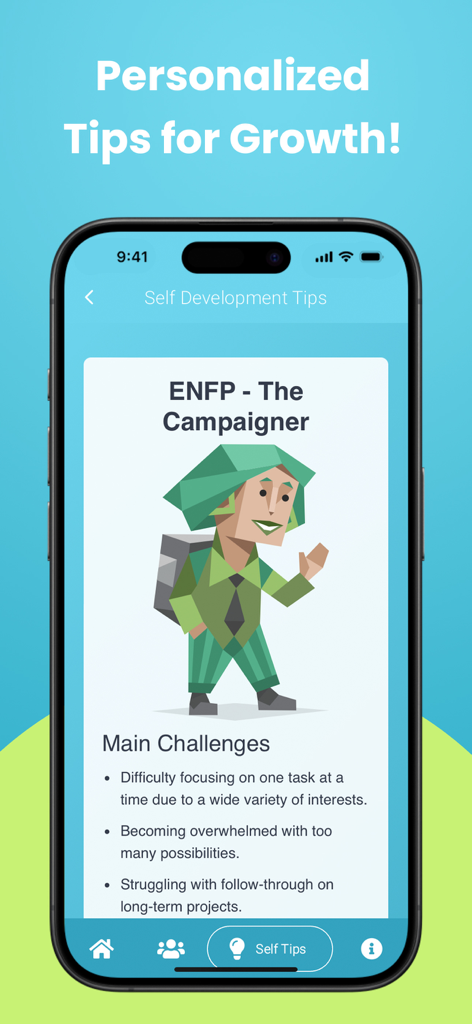 MyMBTI - Personality Test - MyMBTI app screenshot showing personalized growth tips and main challenges for the ENFP personality type