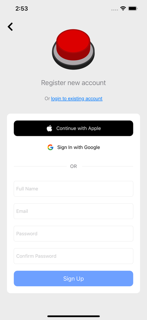 Sound Button World - Registration screen for the Sound Button World app featuring social login options and an email sign up form