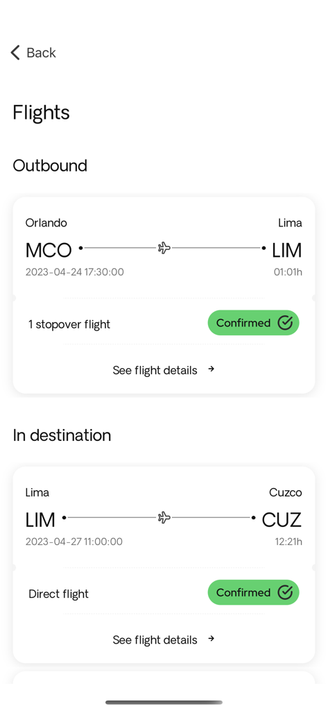 Exoticca: Travelers’ App - La pantalla del itinerario de vuelos de la app Exoticca que muestra los detalles confirmados de los vuelos de salida e internos.