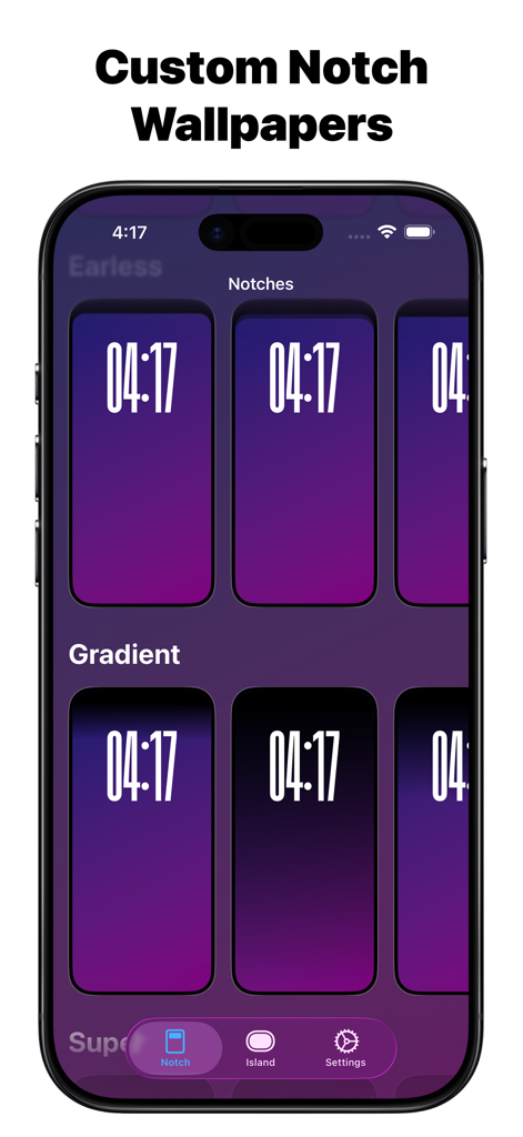 Custom Notch & Dynamic Island - Selection screen of custom notch and gradient wallpapers for iPhone personalization