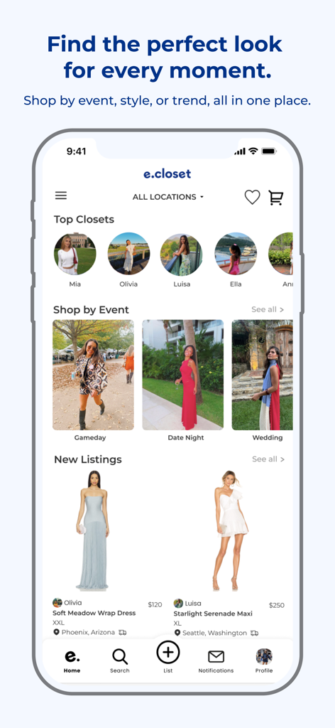 E Closet app home screen showing fashion categories like Gameday, Date Night, and New Listings for college students.