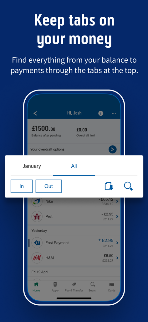 Bank of Scotland Mobile Bank - Bank of Scotland mobile app interface showing account balance and recent transaction history