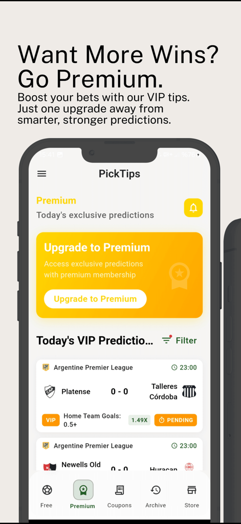 PickTips: Betting Predictions - PickTipsアプリのプレミアム画面。VIPサッカーベッティング予測と専門家による試合分析を表示。