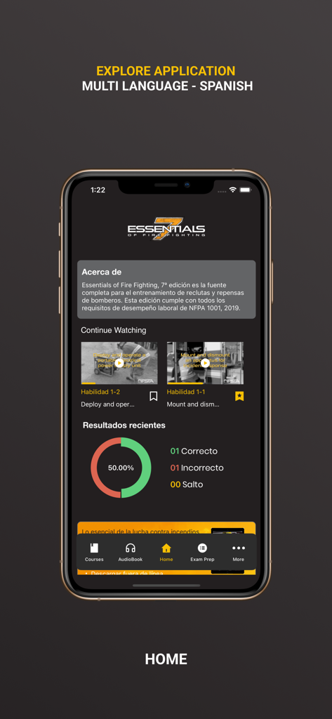 IFSTA Essentials 7 - IFSTA Essentials 7 firefighting training app home screen in Spanish showing progress chart and skills videos