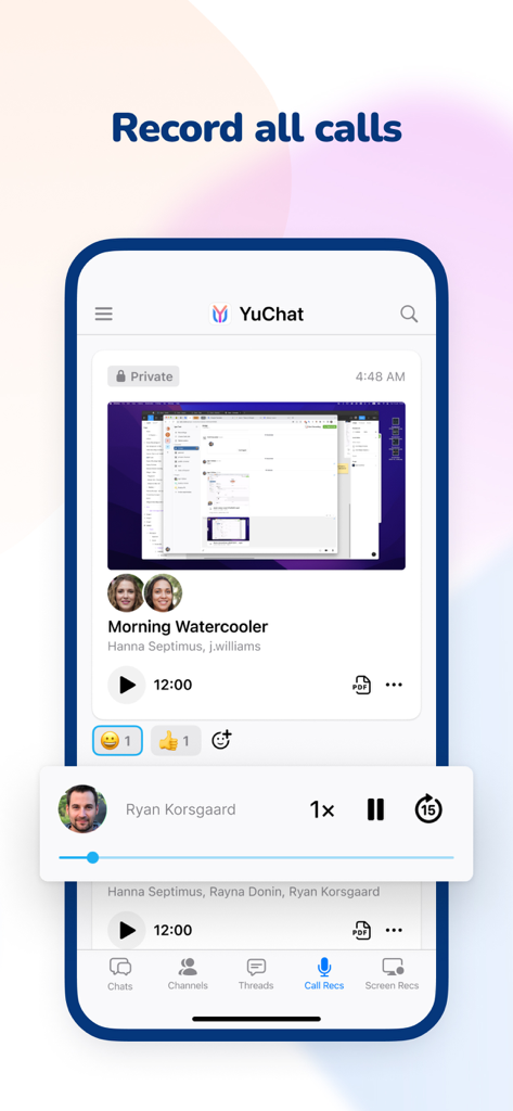 YuChat Business Communication - YuChat app interface showing a call recording playback with transcript options and playback controls.