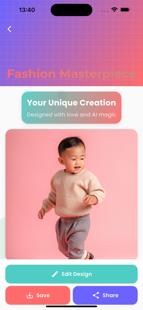 AI Fashion for Baby - A toddler modeling a stylish outfit designed with AI in the baby fashion app interface.