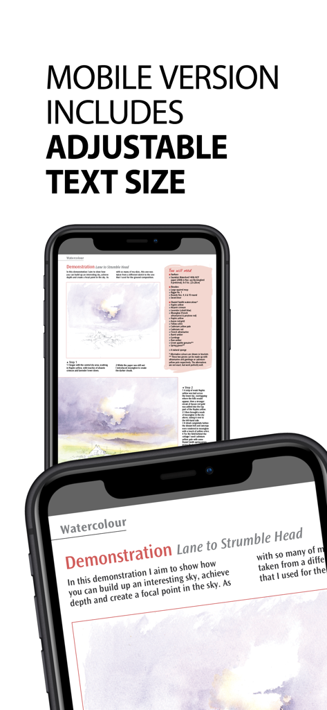 Leisure Painter & The Artist - Smartphone screens showing a watercolor painting tutorial with a demonstration of the adjustable text size feature for better readability.