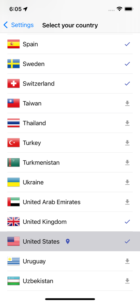 Country selection screen in the Speed Cameras Radar app showing a list of supported regions including the United States