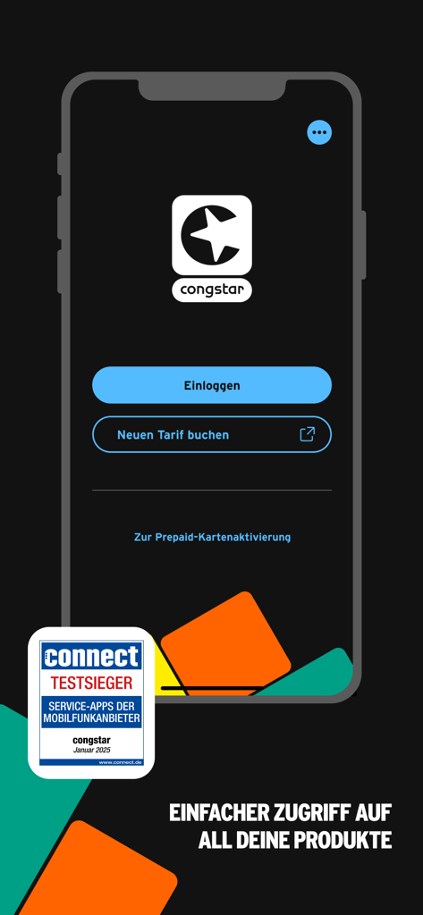 congstar mobile app login screen featuring the company logo and a service award badge