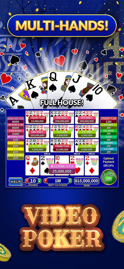 Multi-hand video poker gameplay screen featuring a full house winning hand in the Binions and Four Queens mobile app
