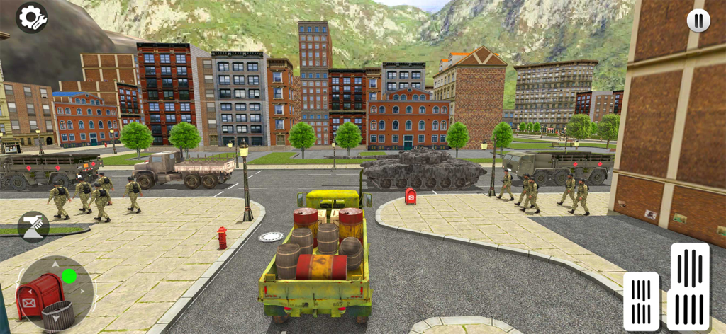 A yellow military cargo truck transporting barrels through a city square with soldiers and tanks