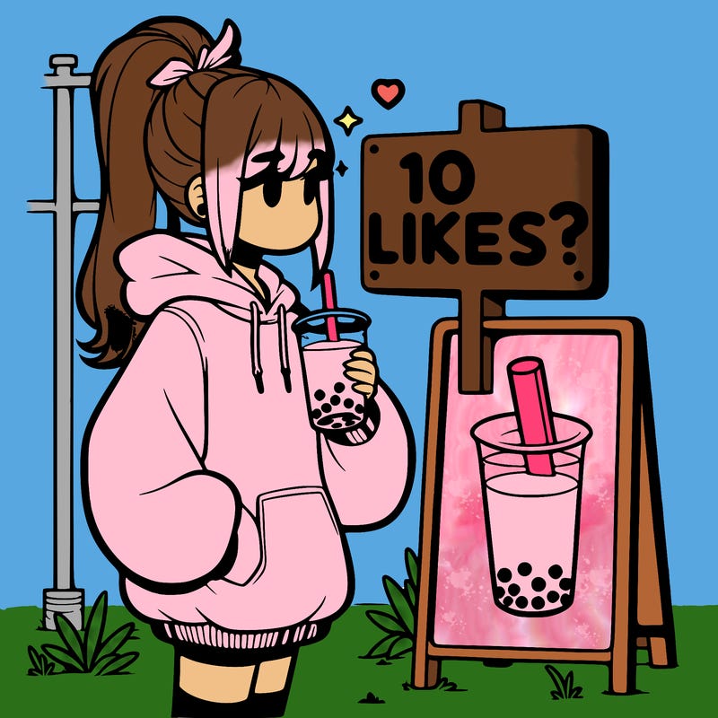girl with oversized hoodie drinking boba and she has a high ponytail with a sign that says 10likes?