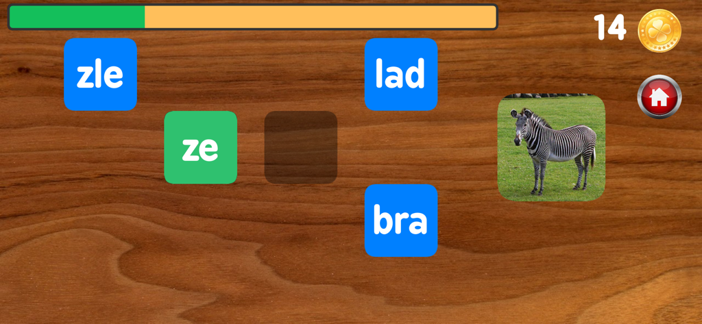 Writing with syllables - Interfaz de juego educativo que muestra una cebra y sílabas para componer la palabra.