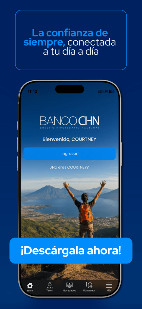 CHN Móvil - Willkommens- und Anmeldebildschirm der CHN Movil Banking App mit einer malerischen guatemaltekischen Landschaft