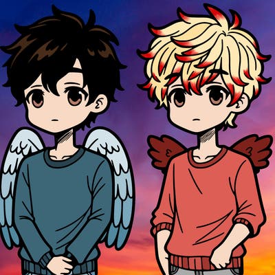 two teenage boys both have fluffy hair and one has wings