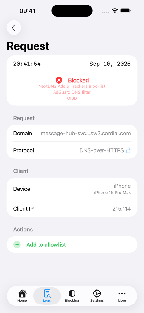 NextDNS Remote - Screen displaying the details of a blocked DNS request including the domain name and device information.