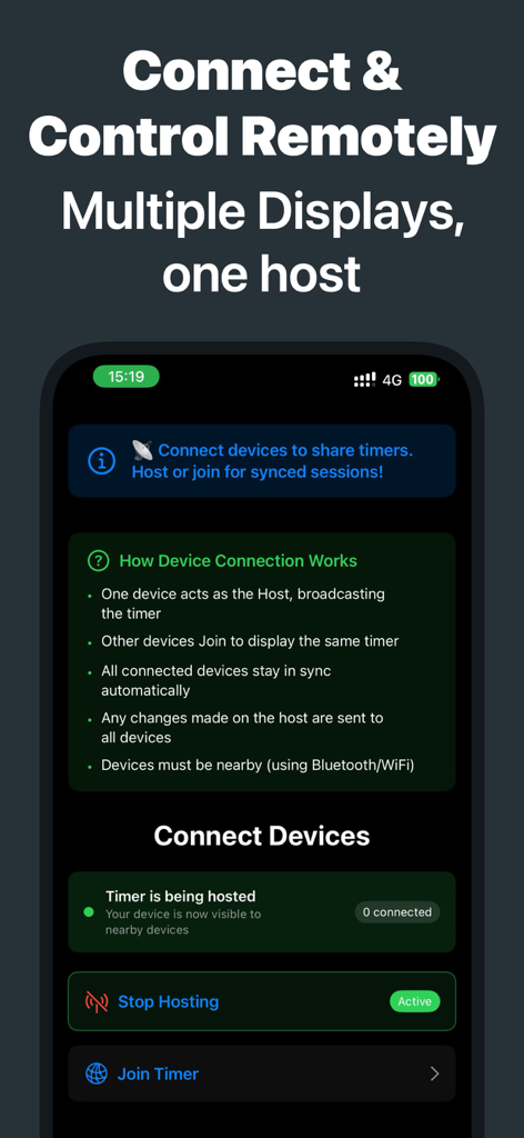Stage Timer - Oberfläche der Stage Timer App, die Einstellungen für die Fernverbindung zeigt, um mehrere Displays mit einem Host-Gerät zu synchronisieren.