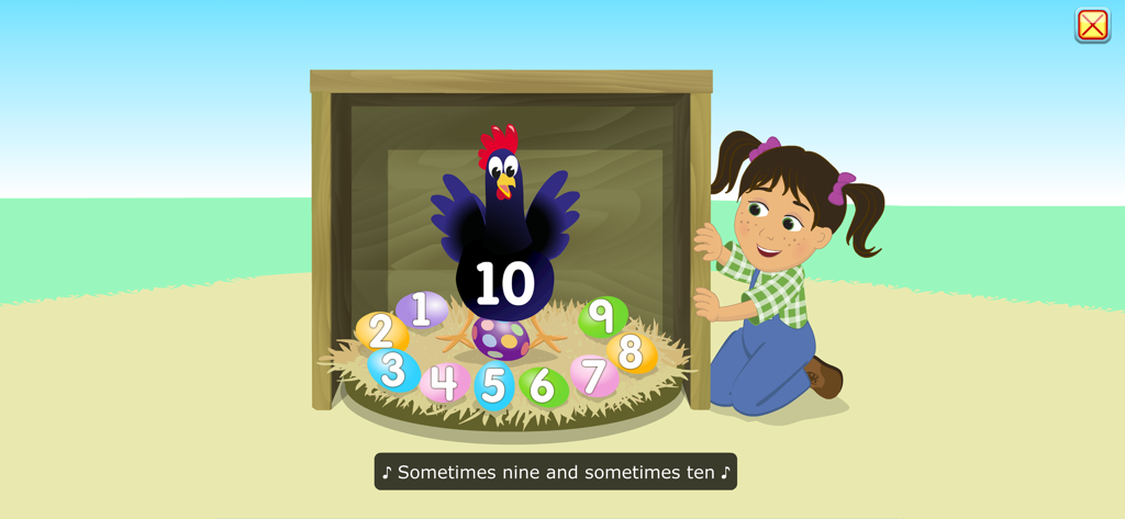 Uma menina observando uma galinha em um ninho de ovos numerados no aplicativo Starfall Numbers