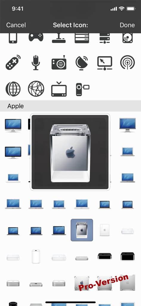 iNet - Network Scanner - Interface for selecting custom Apple hardware icons for identified network devices