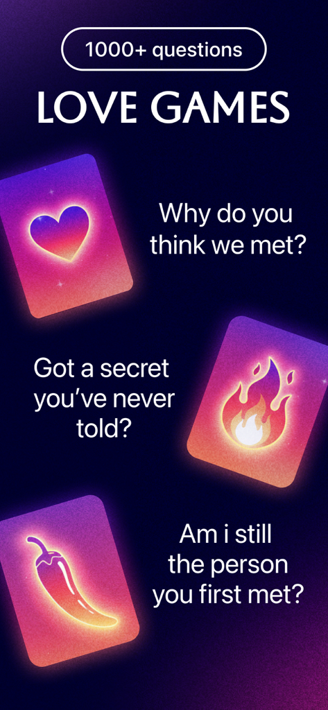 Spice It: Couple Games - Interfaz de la aplicación Spice It que muestra tarjetas con preguntas de juegos de amor para parejas.