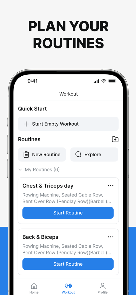 Hevy app interface showing the workout planning screen with custom routines for chest, triceps, back, and biceps.